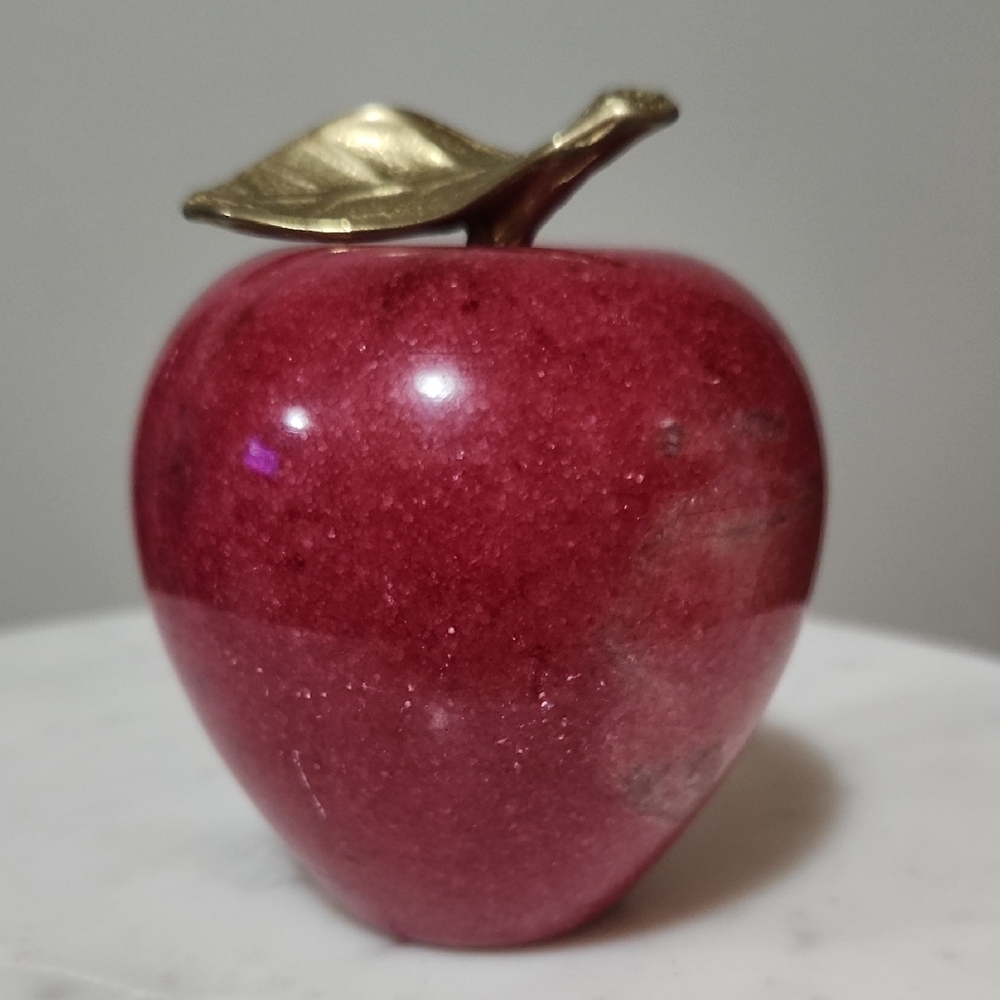 Red Marble Apple Paperweight Sculpture with Golden Brass Leaf